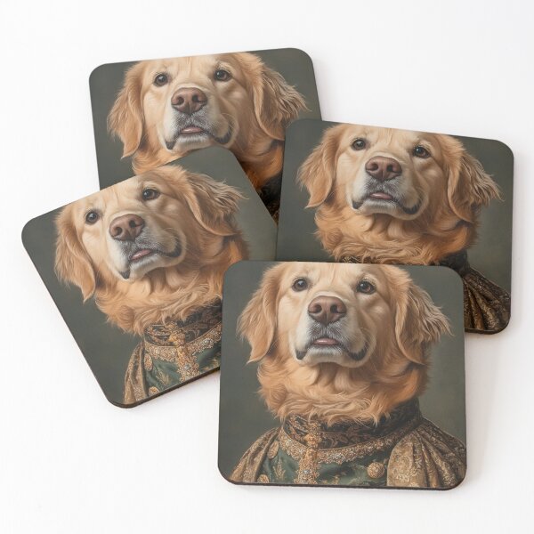 Item preview, Refined portrait of a golden retriever wearing luxurious vintage noble clothing with intricate gold and green detailing, exuding charm.	 designed and sold by ImagineCorner.