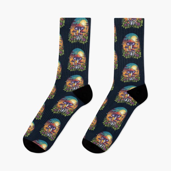 Item preview, magical mushrooms with sunset and flowers designed and sold by plantsinnature.