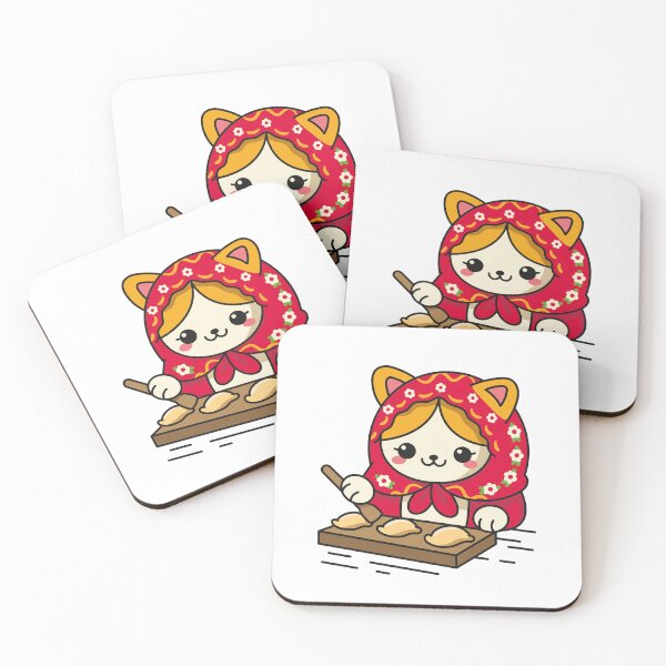 Item preview, Cute Cat in Red Hood Making Dumplings - Whimsical Folk Art designed and sold by DrawHandArt.