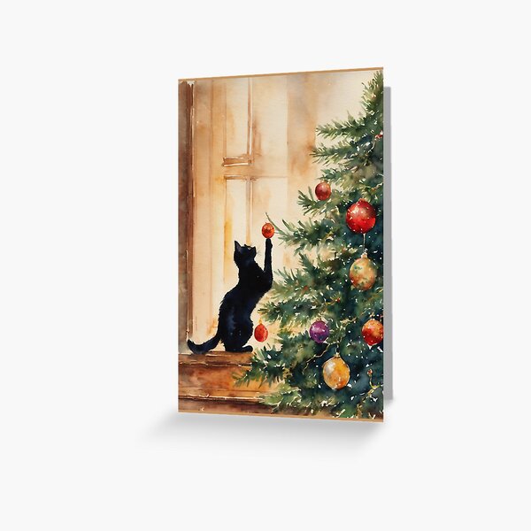 Item preview, Vintage Watercolor Black Cat Playing With Decorations Christmas Tree Card designed and sold by Arwen-Art.