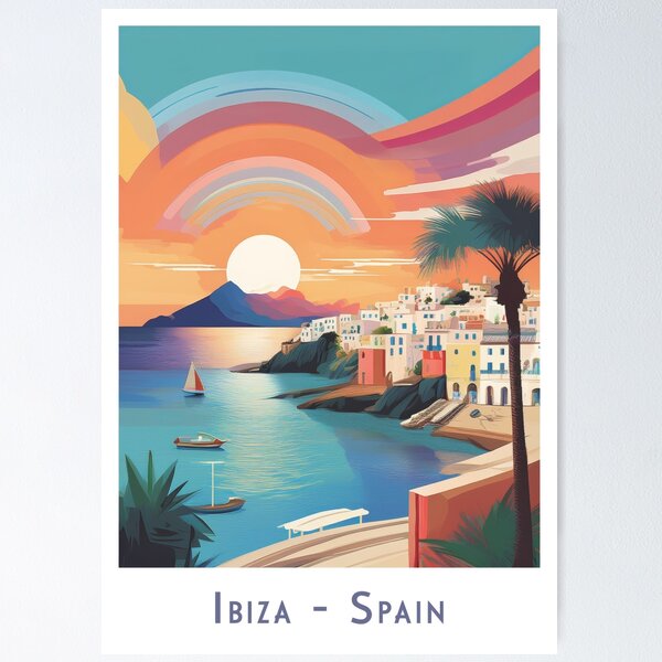 Item preview, Vintage travel poster Ibiza Spain – minimal retro design with sunset and palm trees designed and sold by pod24.