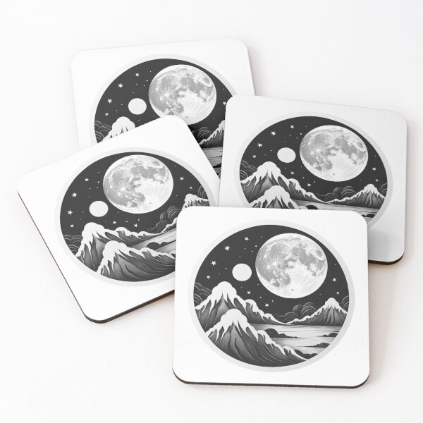 Item preview, Full moon over the mountains with black and white starry sky. designed and sold by s-flo-art.