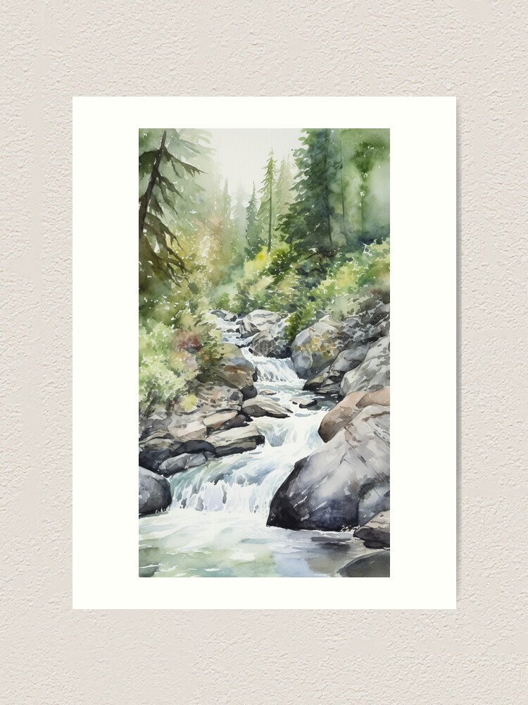 Thumbnail 1 of 3, Art Print, Mountain Stream in Watercolor designed and sold by hussardigital.
