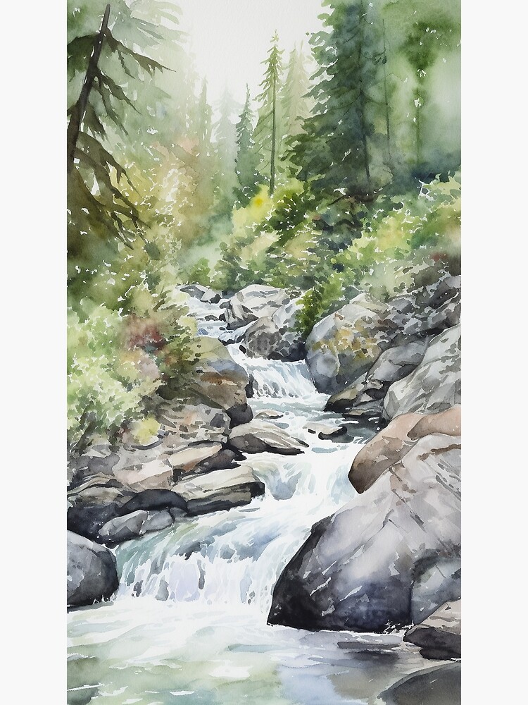 Thumbnail 3 of 3, Photographic Print, Mountain Stream in Watercolor designed and sold by hussardigital.