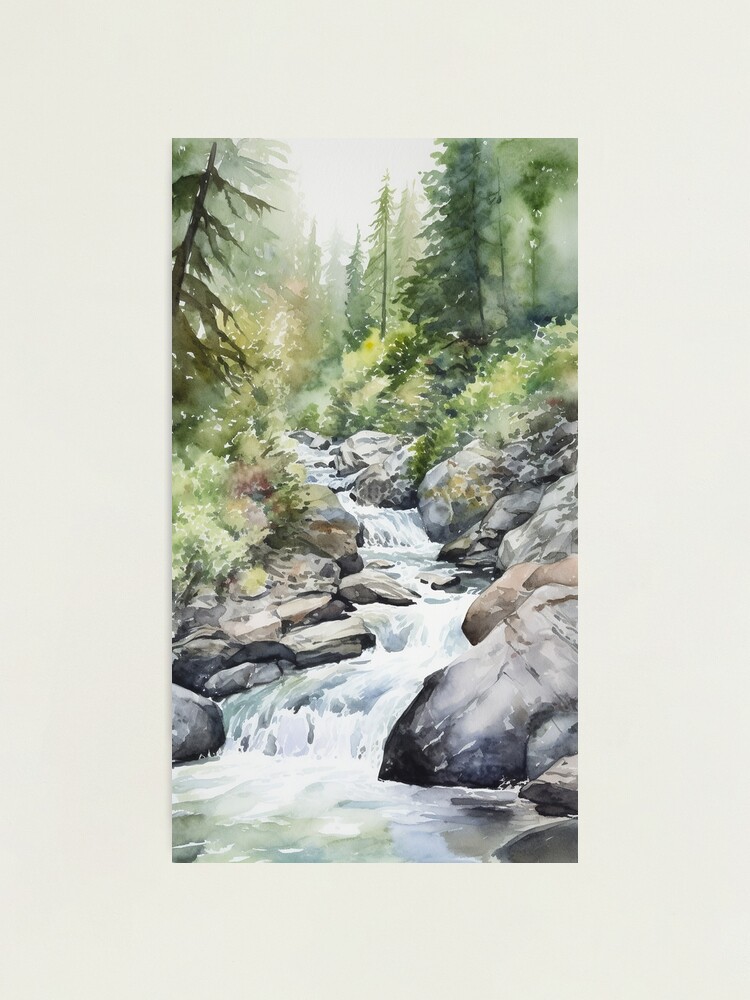 Thumbnail 1 of 3, Photographic Print, Mountain Stream in Watercolor designed and sold by hussardigital.