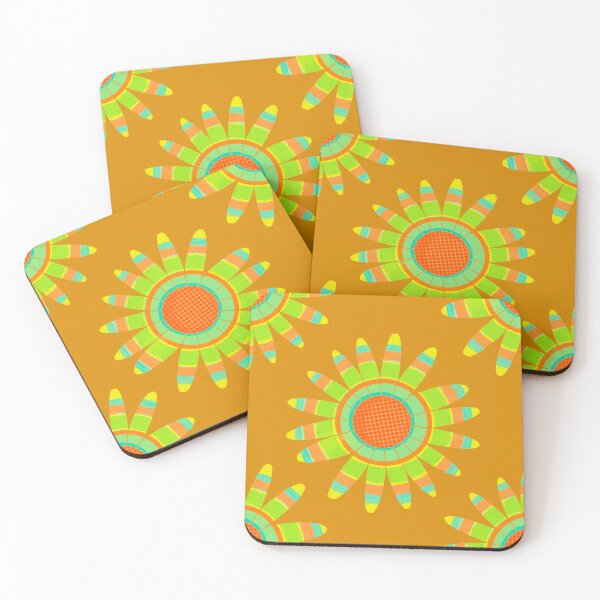 Item preview, Colorful green and peach modern flowers on caramel designed and sold by MarySchwindt.