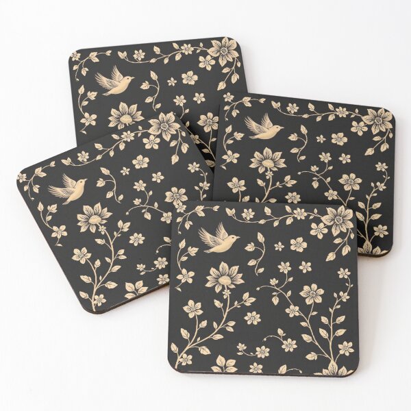 Item preview, Bird Flying Between Beige Flowers On Dark Background designed and sold by Ciervo Primavera.