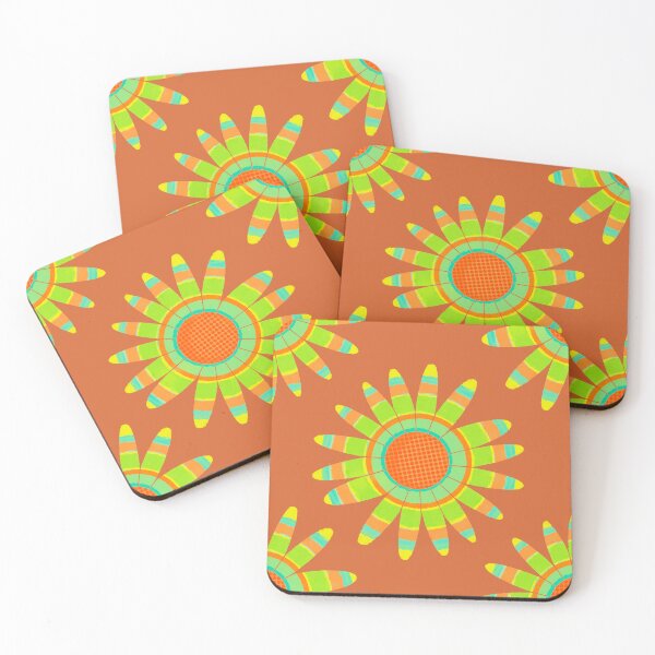 Item preview, Colorful green and peach modern flowers on warm brown designed and sold by MarySchwindt.