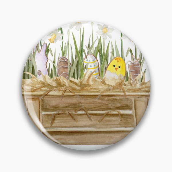 Item preview, Watercolor composition with a wooden box with hay, narcisuss, Easter gingerbread and a chick inside	 designed and sold by TanyaKremen.