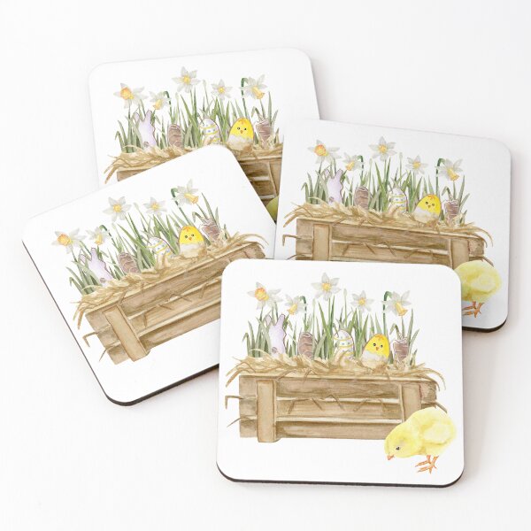Item preview, Watercolor composition with a wooden box with hay, narcisuss, Easter gingerbread and a chick inside	 designed and sold by TanyaKremen.