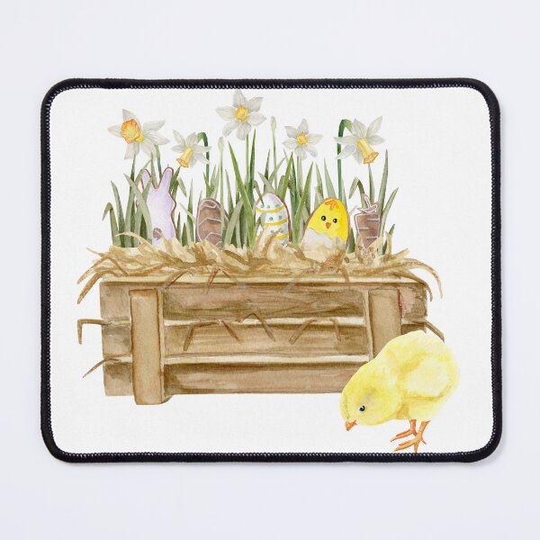 Item preview, Watercolor composition with a wooden box with hay, narcisuss, Easter gingerbread and a chick inside	 designed and sold by TanyaKremen.
