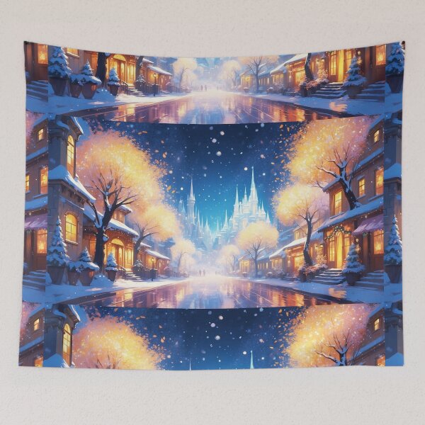 Item preview, Magical Winter Town with Illuminated Castle and Snowy Night Sky designed and sold by SassyArtistry.