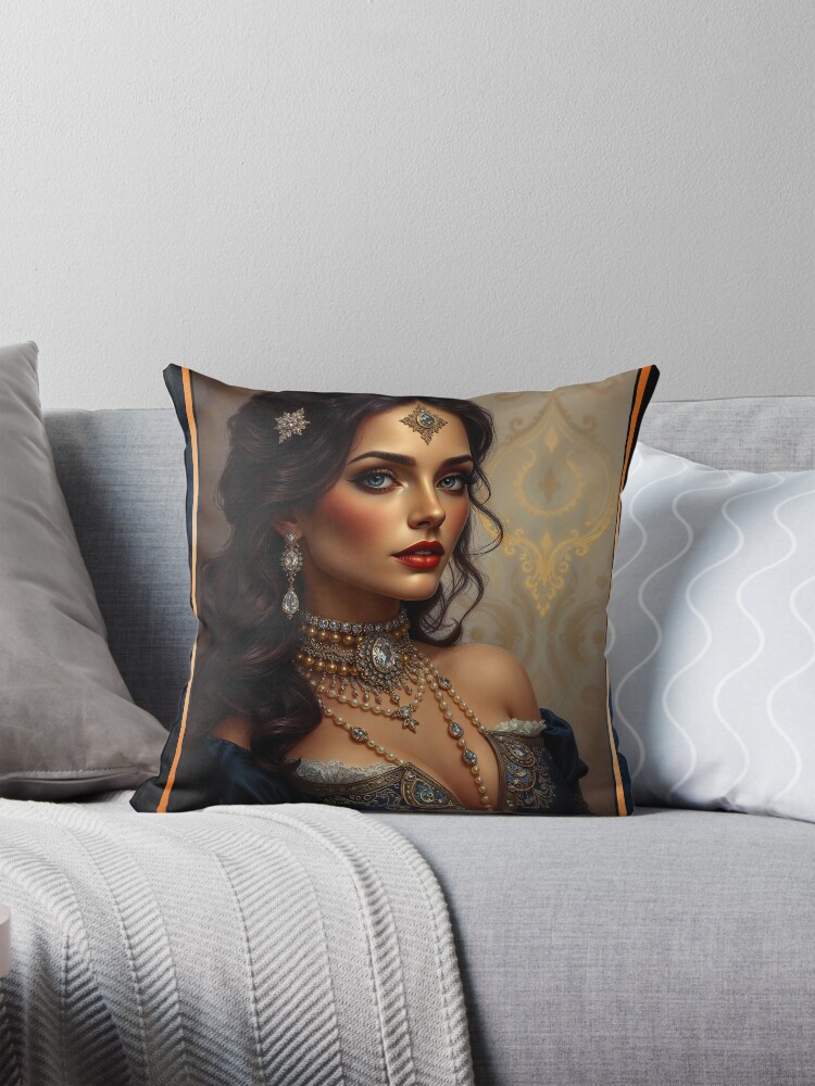 Classical Elegance Of A Woman In Luxurious Blue With Golden Jewelry Captivating AI Concept Art by Xzendor7 Decorative Art Print Throw Pillow