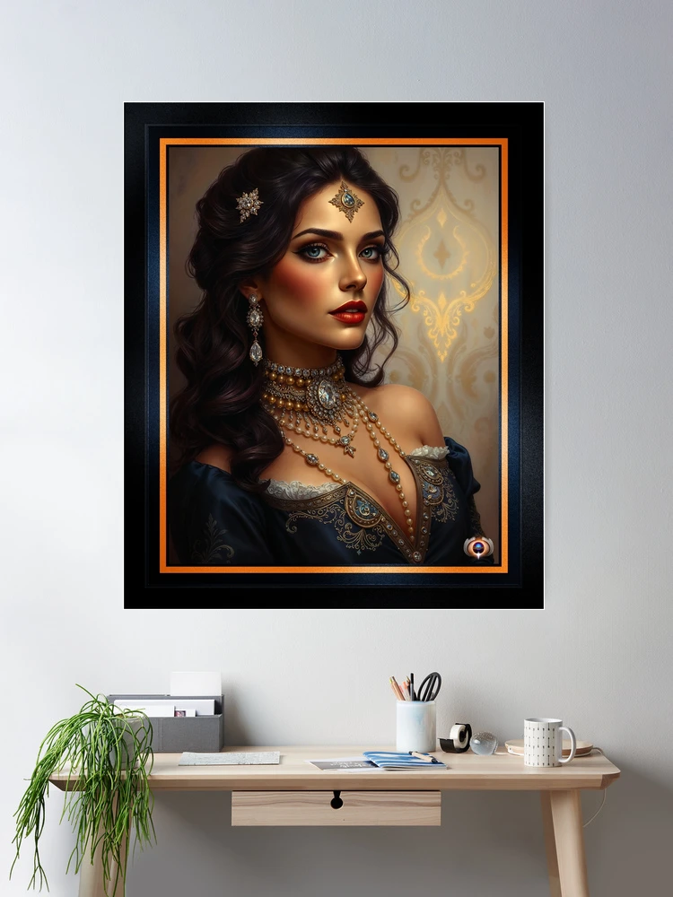 Classical Elegance Of A Woman In Luxurious Blue With Golden Jewelry Captivating AI Concept Art by Xzendor7 Room Decor Poster Art Print