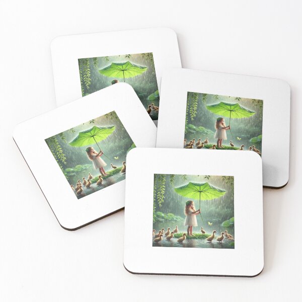 Item preview, Girl holding green leaf as an umbrella and interacting with ducklings. designed and sold by Chase12921.