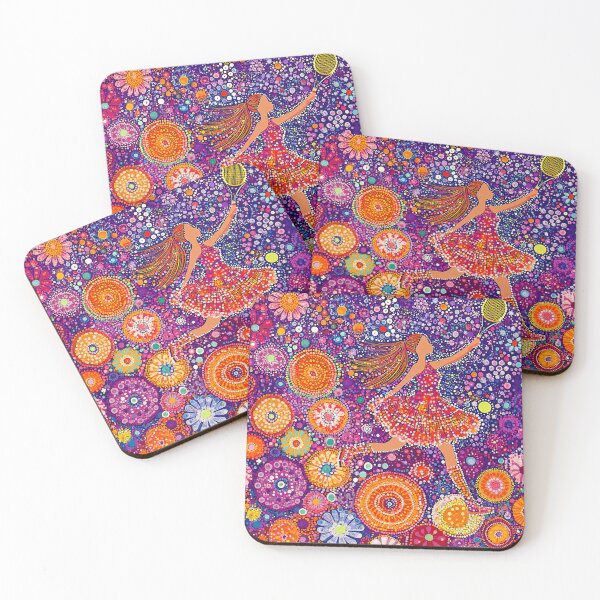 Artikelvorschau, Polka Dot Floral Lady spielt Tennis, lila und orange wunderliches Mädchen im Polka Dot Kleid entworfen und verkauft von Neika Shimm Designs.