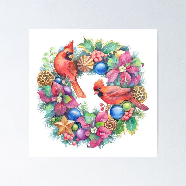 Item preview, Christmas Wreath with Red Cardinals and Poincettia Flowers designed and sold by Anna Bucciarelli.