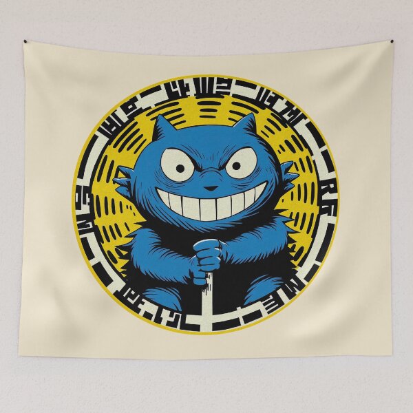 Item preview, Grinning Blue Cat with Sword and Bold Geometric Design designed and sold by GALUMARKET.