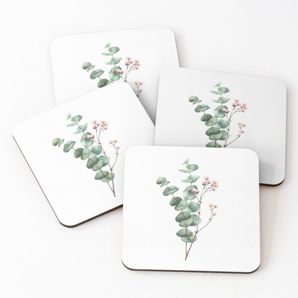 Item preview, Eucalyptus plant twig with Gypsophila pink flower bouquet. Herbal Watercolor hand drawn design designed and sold by BartolArt.