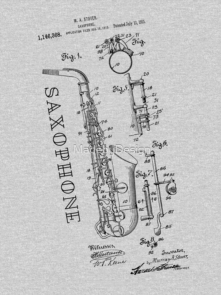 "Saxophone Patent Blueprint Art 1915" Tshirt by MadebyDesign Redbubble