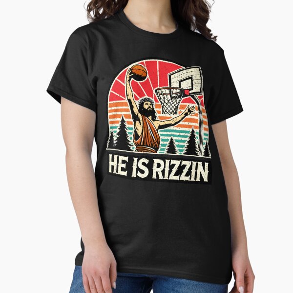 Vista previa del artículo con la obra «Divertido retro Él es Rizzin Cristiano Pascua jugando baloncesto», diseñado y vendido por DrawHandArt.