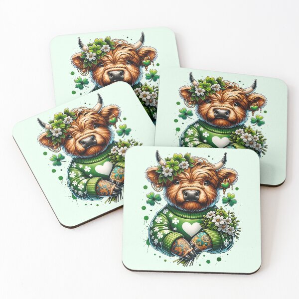 Item preview, Highland Cow with Shamrocks & Flowers - St. Patrick's Day Art designed and sold by MegHillStudio.