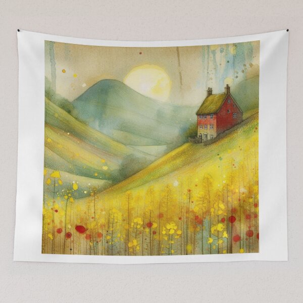 Item preview, Whimsical illustration of Red House amidst Rapeseed Flowers designed and sold by Beyondnote-Art.