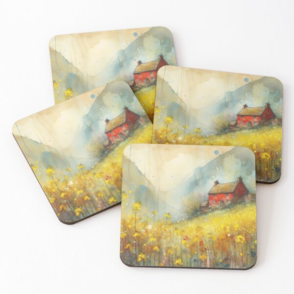 Item preview, Whimsical illustration of Red House amidst Rapeseed Flowers designed and sold by Beyondnote-Art.