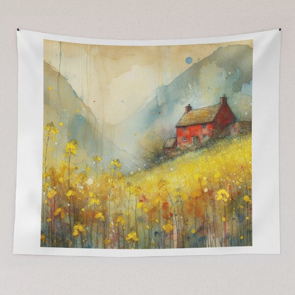 Item preview, Whimsical illustration of Red House amidst Rapeseed Flowers designed and sold by Beyondnote-Art.