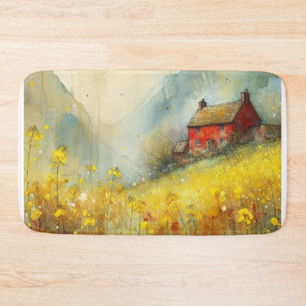 Item preview, Whimsical illustration of Red House amidst Rapeseed Flowers designed and sold by Beyondnote-Art.