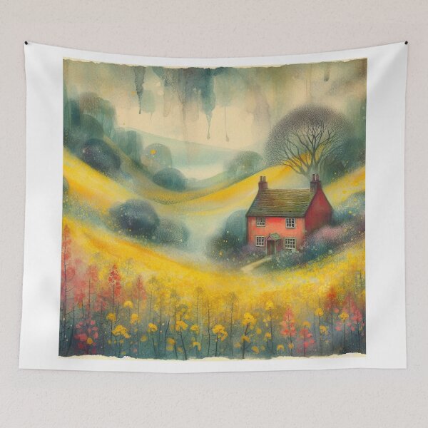 Item preview, Whimsical illustration of Red House amidst Rapeseed Flowers designed and sold by Beyondnote-Art.