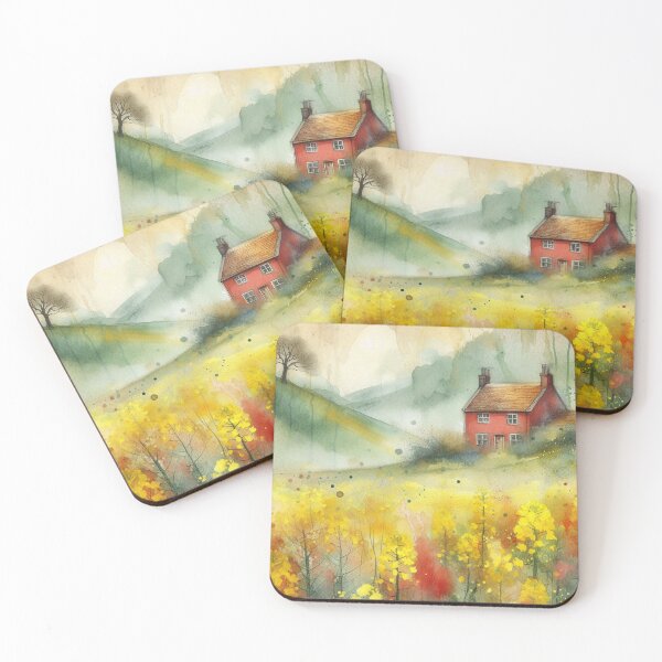 Item preview, Whimsical illustration of Red House amidst Rapeseed Flowers designed and sold by Beyondnote-Art.