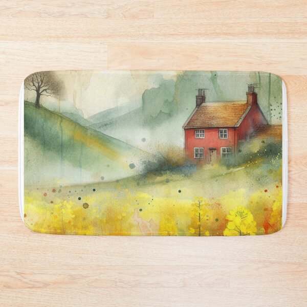 Item preview, Whimsical illustration of Red House amidst Rapeseed Flowers designed and sold by Beyondnote-Art.