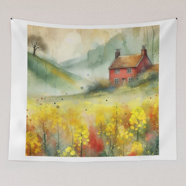 Item preview, Whimsical illustration of Red House amidst Rapeseed Flowers designed and sold by Beyondnote-Art.