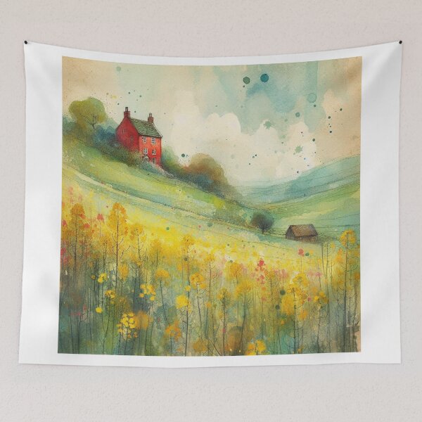 Item preview, Whimsical illustration of Red House amidst Rapeseed Flowers designed and sold by Beyondnote-Art.