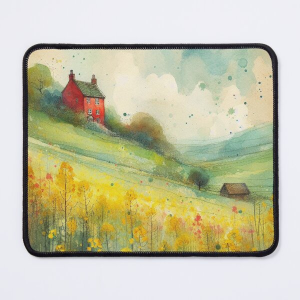 Item preview, Whimsical illustration of Red House amidst Rapeseed Flowers designed and sold by Beyondnote-Art.