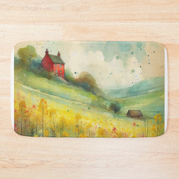 Item preview, Whimsical illustration of Red House amidst Rapeseed Flowers designed and sold by Beyondnote-Art.