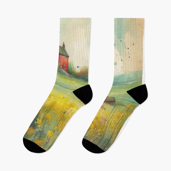 Item preview, Whimsical illustration of Red House amidst Rapeseed Flowers designed and sold by Beyondnote-Art.