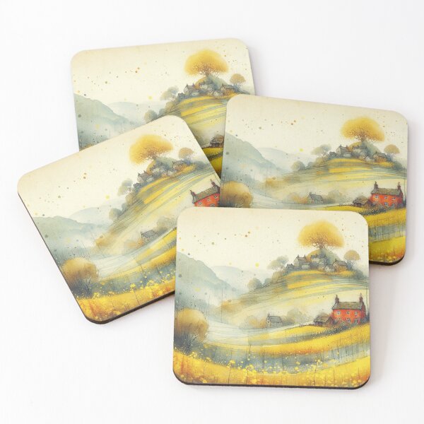 Item preview, Whimsical illustration of Red House amidst Rapeseed Flowers designed and sold by Beyondnote-Art.