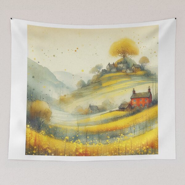 Item preview, Whimsical illustration of Red House amidst Rapeseed Flowers designed and sold by Beyondnote-Art.