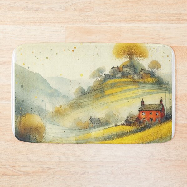 Item preview, Whimsical illustration of Red House amidst Rapeseed Flowers designed and sold by Beyondnote-Art.