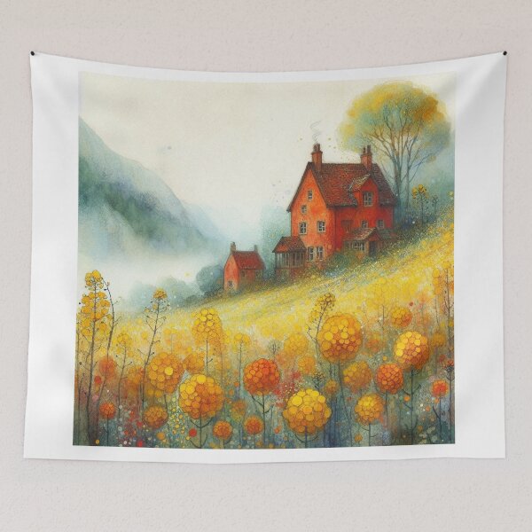 Item preview, Whimsical illustration of Red House amidst Rapeseed Flowers designed and sold by Beyondnote-Art.