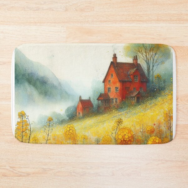 Item preview, Whimsical illustration of Red House amidst Rapeseed Flowers designed and sold by Beyondnote-Art.