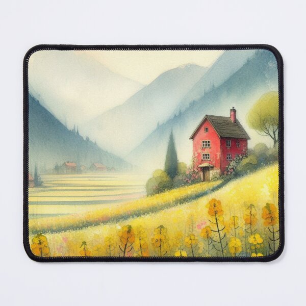 Item preview, Whimsical illustration of Red House amidst Rapeseed Flowers designed and sold by Beyondnote-Art.