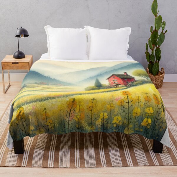 Item preview, Whimsical illustration of Red House amidst Rapeseed Flowers designed and sold by Beyondnote-Art.