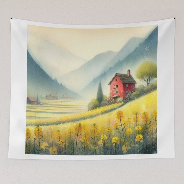 Item preview, Whimsical illustration of Red House amidst Rapeseed Flowers designed and sold by Beyondnote-Art.