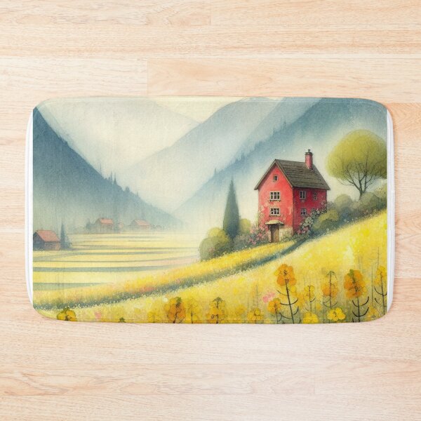 Item preview, Whimsical illustration of Red House amidst Rapeseed Flowers designed and sold by Beyondnote-Art.