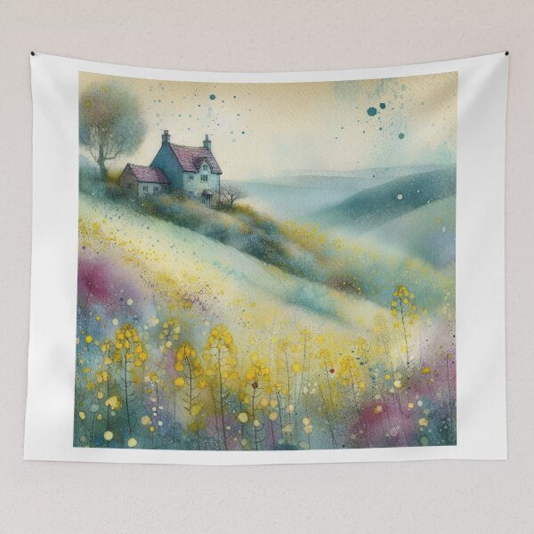 Item preview, Whimsical illustration of Purple House amidst Rapeseed Flowers designed and sold by Beyondnote-Art.