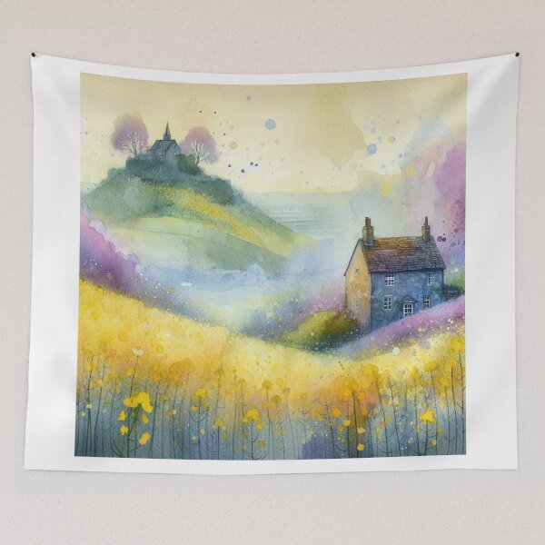 Item preview, Whimsical illustration of Purple House amidst Rapeseed Flowers designed and sold by Beyondnote-Art.