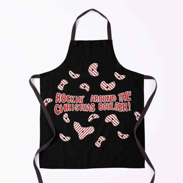 Item preview, The inscription: "Rockin' around the Christmas boulder!" against the background of a Christmas climbing wall - red, white and black. designed and sold by My-fake-places.